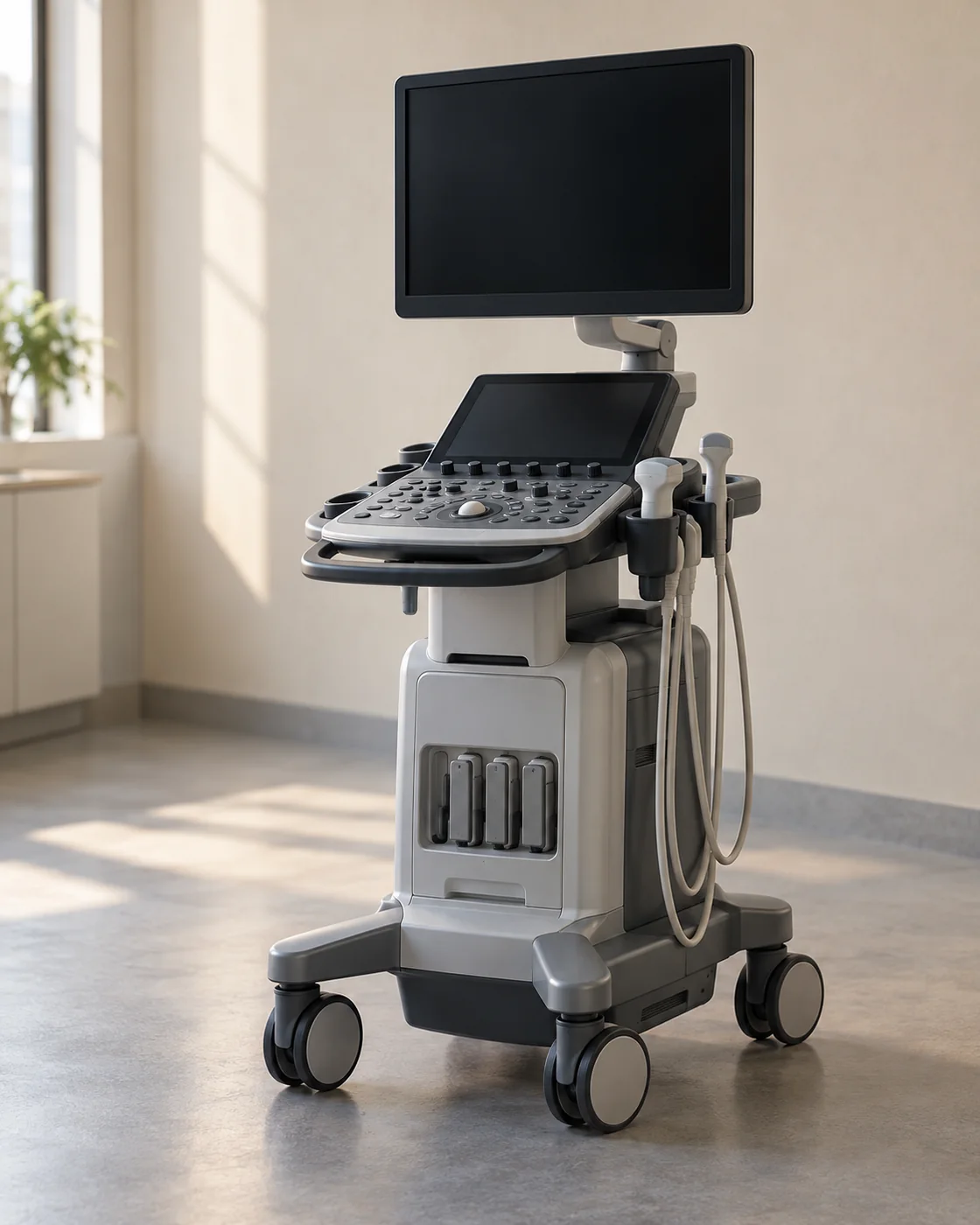 Illustrative ultrasound equipment in a neutral medical setting